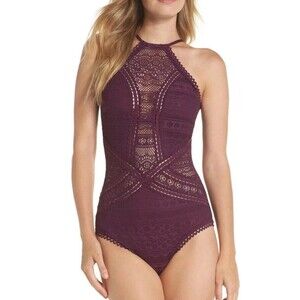 Becca Purple One Piece Swimsuit Crochet Lace Cutouts Sexy Bathing Suit Size 14